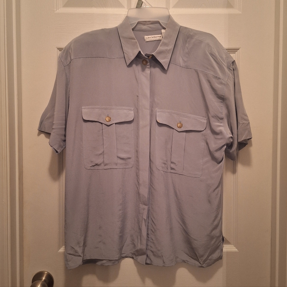 Liz Claiborne Vintage Gray Short Sleeve Button-up Silk Blouse